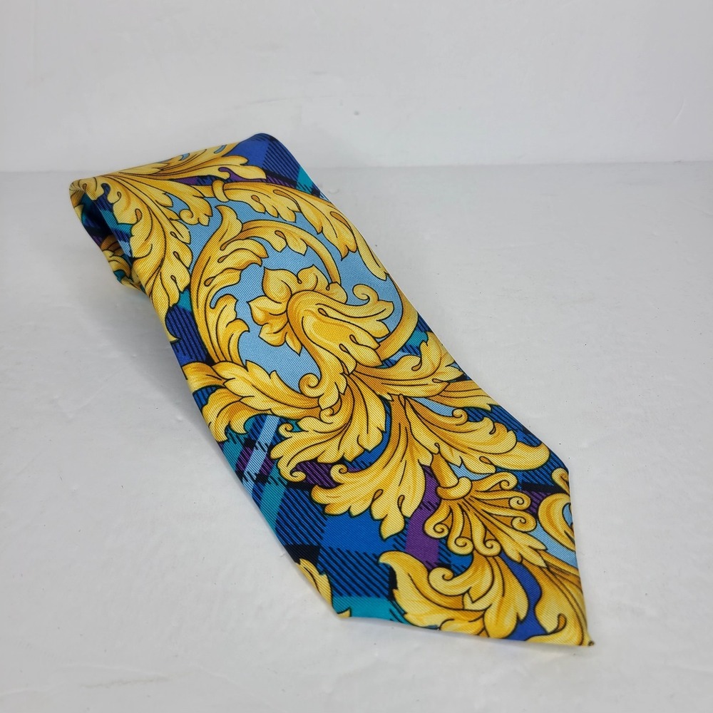 Vintage Gianni Versace '90s Iconic Baroque Tie Art Nouveau Italy Gold Blue Plaid